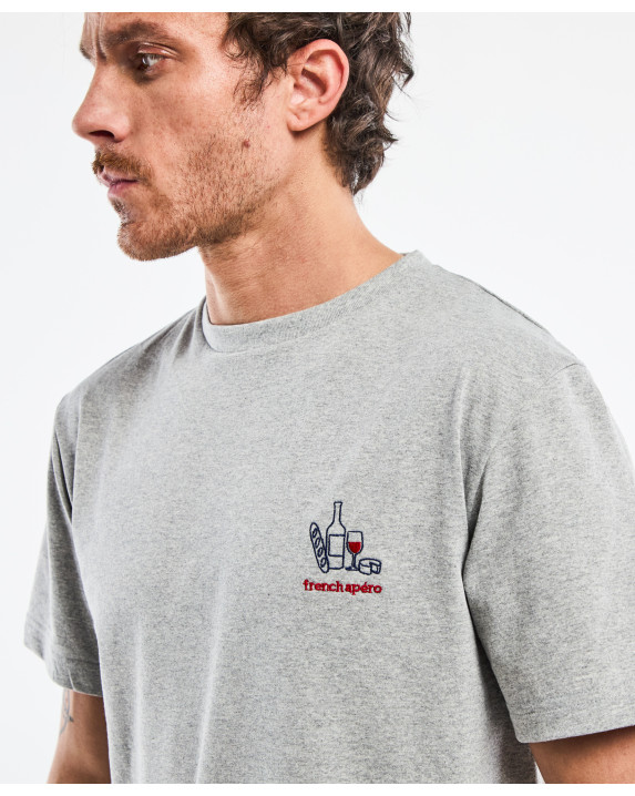 Tee-shirt Barthélémien brodé " french Apéro" gris chiné en coton recyclé - zoom