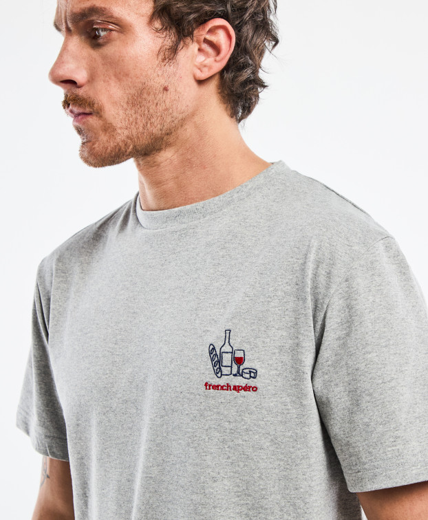 Tee-shirt Barthélémien brodé " french Apéro" gris chiné en coton recyclé - zoom