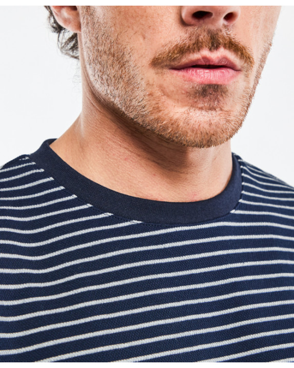 Tee-shirt Isao lourd piqué en marine rayé gris fabriqué en France - col