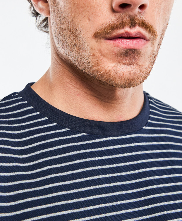Tee-shirt Isao lourd piqué en marine rayé gris fabriqué en France - col