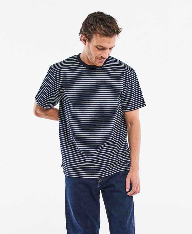Tee-shirt Isao lourd piqué en marine rayé gris fabriqué en France - face