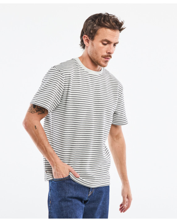Tee-shirt Isao lourd piqué en gris rayé marine fabriqué en France - face