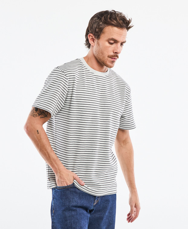 Tee-shirt Isao lourd piqué en gris rayé marine fabriqué en France - face