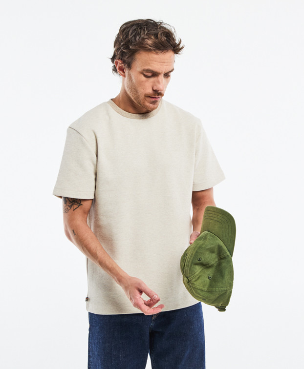 Tee-shirt Isao lourd piqué beige recyclé - Made in France - profil