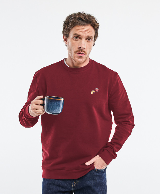 Sweat Benoit brodé " Café Croissant " bordeaux foncé en Coton bio - face