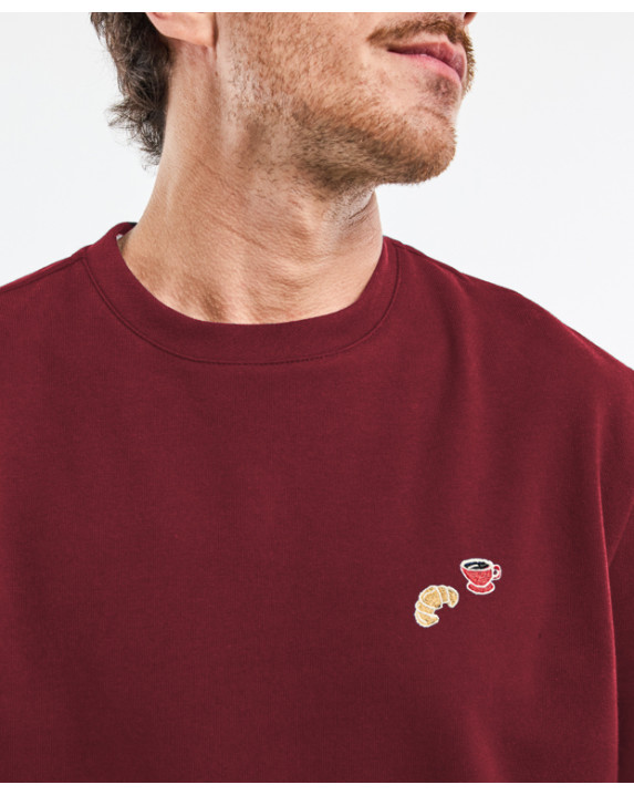 Sweat Benoit brodé " Café Croissant " bordeaux foncé en Coton bio - zoom