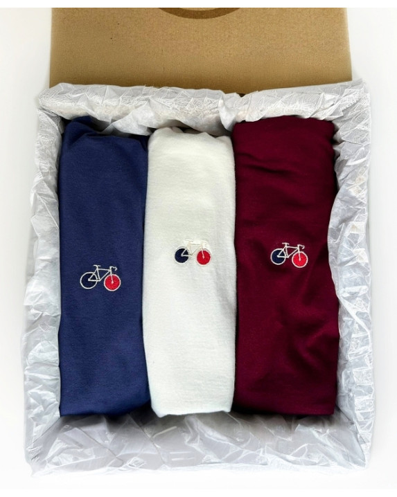 Coffret 3 Tee-shirts Barthélémien brodés vélo écru & indigo et bordeaux en coton bio - pack