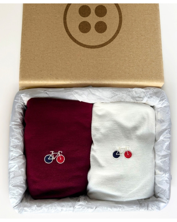 Coffret 2 Tee-shirts Barthélémien brodés vélo écru et bordeaux en coton bio - coffret