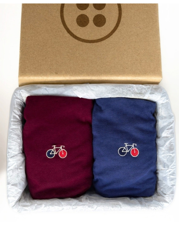 Coffret 2 Tee-shirts Barthélémien brodés vélo indigo et bordeaux en coton bio - pack
