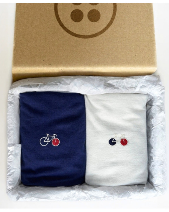 Coffret 2 Tee-shirts Barthélémien brodés vélo écru et indigo en coton bio - pack