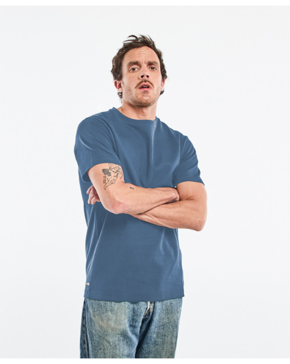 Tee-shirt Isao lourd en maille milano bleu moyen made in France - profil