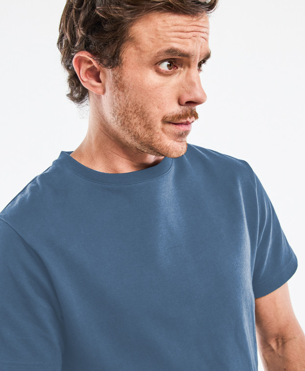 Tee-shirt Isao lourd en maille milano bleu moyen made in France - col