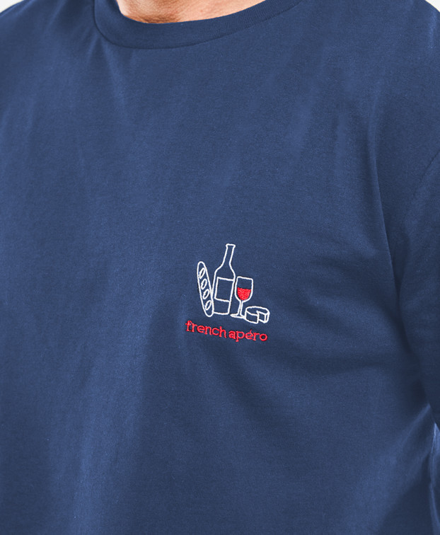 Tee-shirt Barthélémien "french apéro" Indigo en coton bio - zoom broderie
