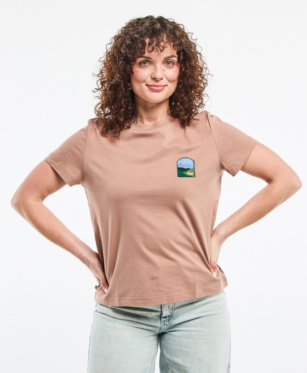 Tee-shirt Brune brodé paysage camel en coton bio - face