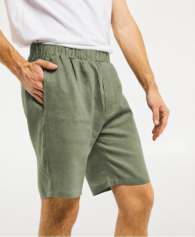 Short Liam made in France en lin kaki - La Gentle Factory - Vue cote