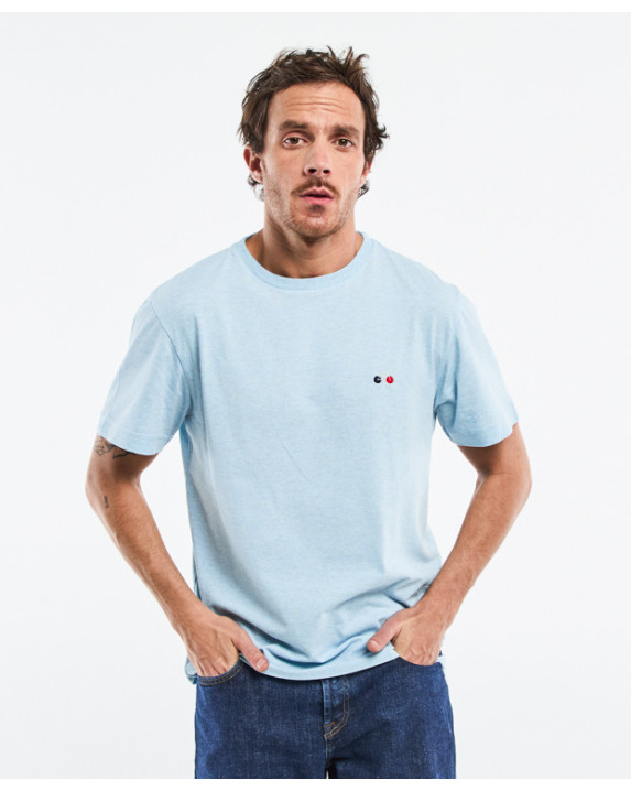 Tee-shirt Barthélémien brodé vélo bleu ciel made in France - face