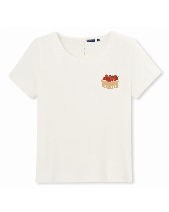 T-shirt Femme en coton bio couleur écru brodé fraises  - Rose - La Gentle Factory - vue de face
