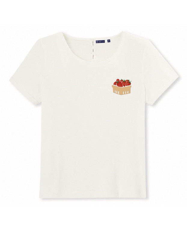 T-shirt Femme en coton bio couleur écru brodé fraises  - Rose - La Gentle Factory - vue de face