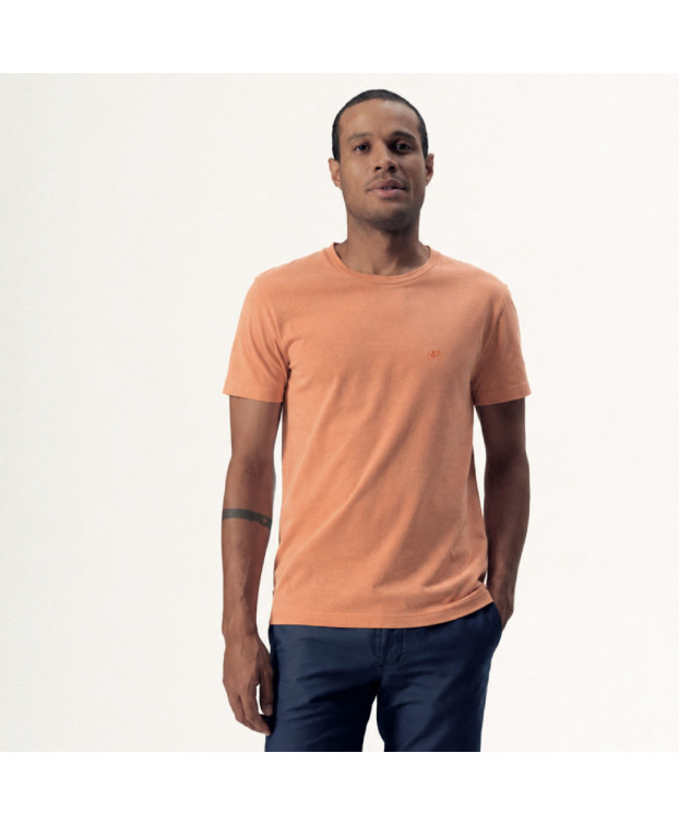 T-shirt Homme made in France en coton bio couleur pëche avec une broderie vélo - Barthélémien - La Gentle Factory - vue de face