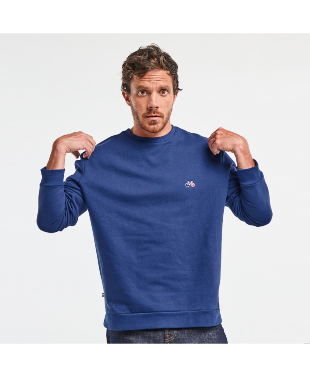 Sweat homme bleu made in France en coton bio brodé vélo bleu blanc rouge- Benoit - La Gentle Factory - vue de face