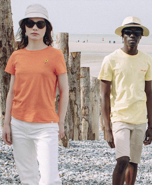 Tee-shirt Blanche "Tournesol" orange vif recyclé au porté - La Gentle Factory