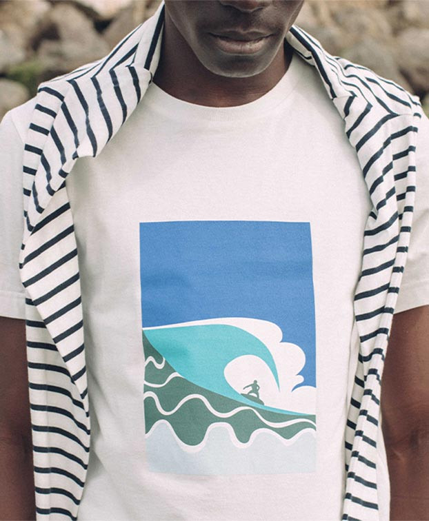 Tee-shirt Philibert "Surfeur" écru en coton bio -zoom- La Gentle Factory