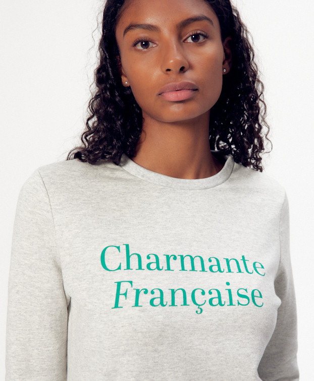 Sweat Stella "Charmante" gris - zoom sérigraphie Sweat Stella "Charmante" gris - zoom sérigraphie