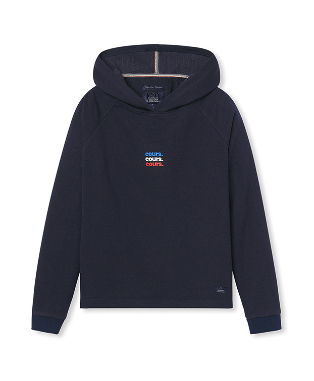 Sweat Claire "Cours." bleu en coton bio – La Gentle Factory – Vue à plat Sweat Claire "Cours." bleu en coton bio – La Gentle Factory – Vue à plat