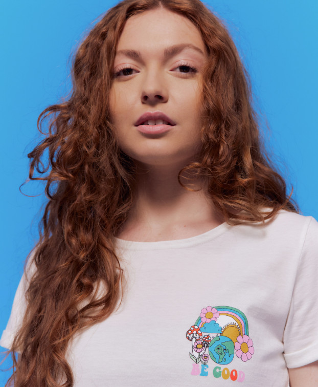 T-Shirt Femme Made In France Rose Be Good écru Coton Biologique - La Gentle Factory