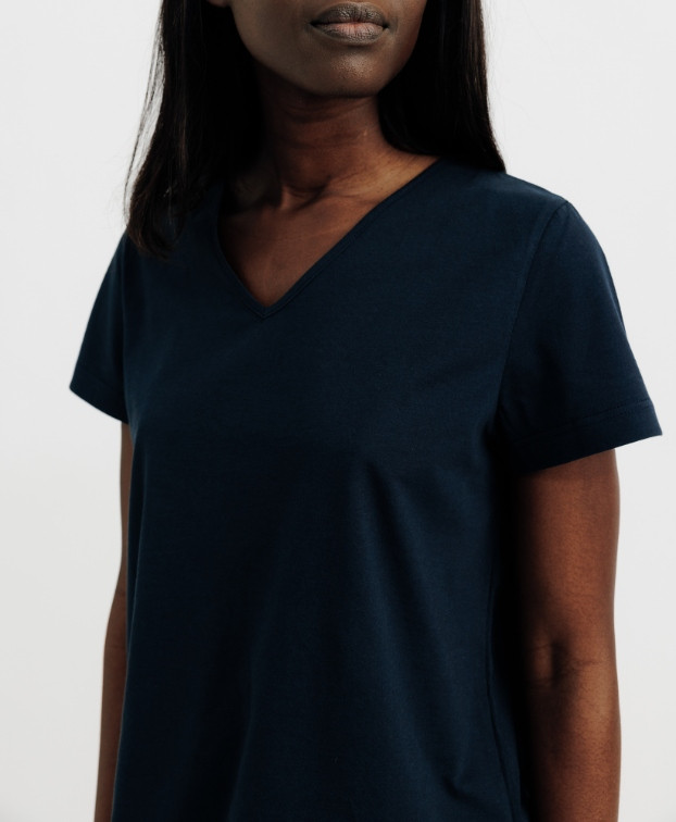 Tee-shirt Vicky col V bleu en coton bio