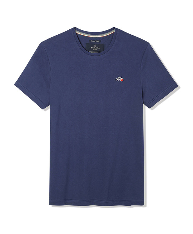 Tee-shirt Barthélémien brodé vélo indigo en coton bio Tee-shirt Barthélémien brodé vélo indigo en coton bio