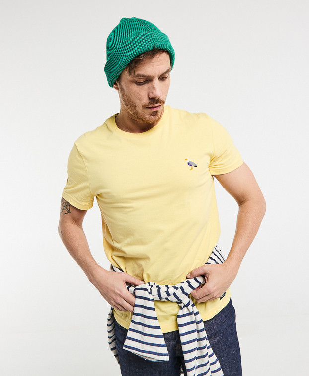 Tee-shirt Barthélémy brodé Goéland jaune doux en coton bio Tee-shirt Barthélémy brodé Goéland jaune doux en coton bio