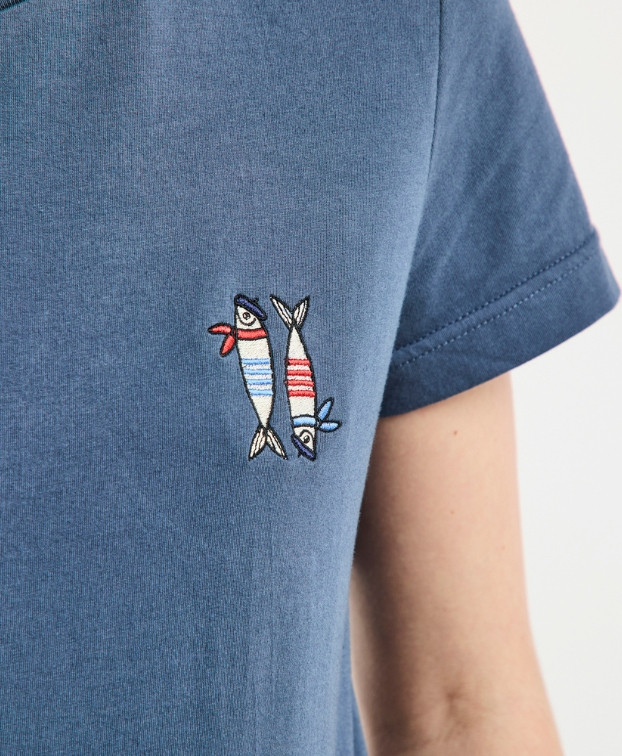 Tee-shirt Bleu Grisé brodé Femme Made In France - La Gentle Factory Tee-shirt Bleu Grisé brodé Femme Made In France - La Gentle Factory
