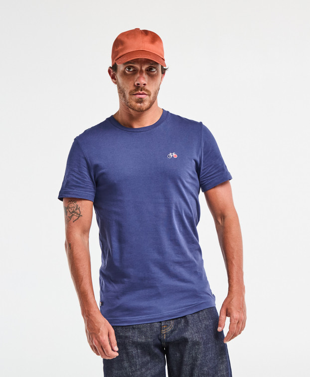 Tee-shirt Barthélémien brodé vélo indigo en coton bio Tee-shirt Barthélémien brodé vélo indigo en coton bio