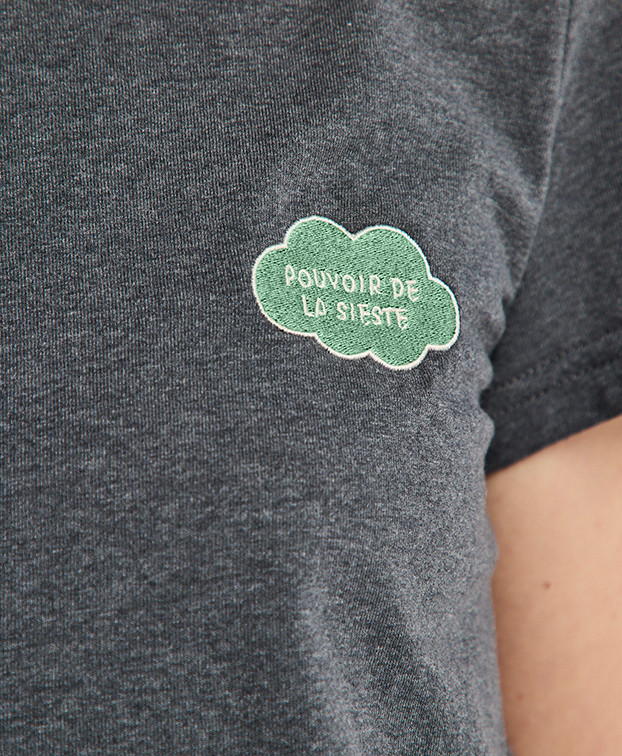 T-shirt femme Made in France Blanche Brode Pouvoir de la Sieste anthracite en coton recyclé