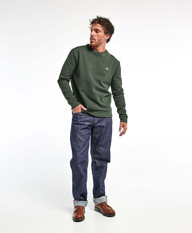 Sweat Benoit brodé vélo kaki chiné en coton biologique