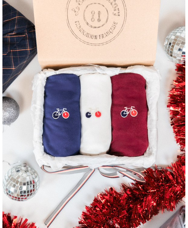 Coffret  3 Tee-shirts Barthélémien brodés vélo écru, indigo et bordeaux en coton bio  - La Gentle Factory