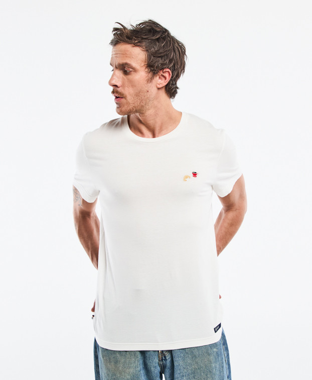 T-shirt homme made in France écru clair Barthélémien brodé café croissant coton bio