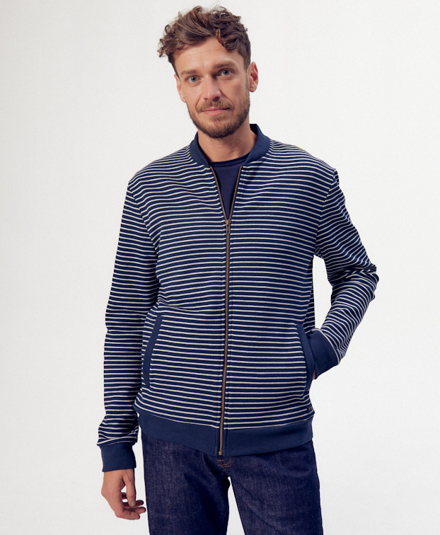 Sweat Made In France Recyclé & Zippé Pedro Bleu Rayé- La Gentle Factory Sweat Made In France Recyclé & Zippé Pedro Bleu Rayé- La Gentle Factory